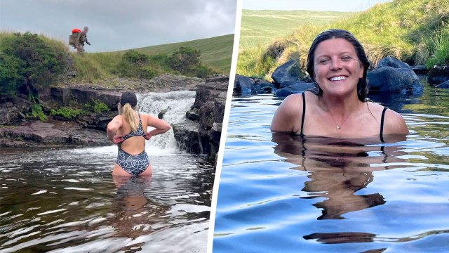Woman enjoying quiet dip in the middle of nowhere interrupted by army exercise