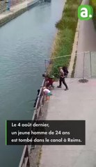 Sauvetage d'une personne tombée dans un canal, à Reims