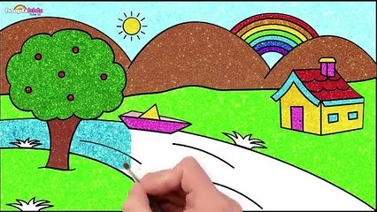How to Draw Simple Landscape Picture _ Glitter Painting for Kids _ HooplaKidz How To