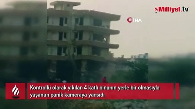 Kontrollü olarak yıkılan 4 katlı binanın yerle bir olmasıyla yaşanan panik kamerada