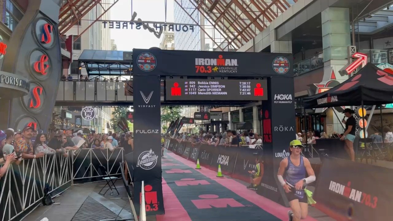 Here’s Lauren at the finish line after her 1.2 mile swim, 56 mile ride and 12.1 mile run. This is her fifth 70.3. Still finishing with a smile!  #GoRenGo