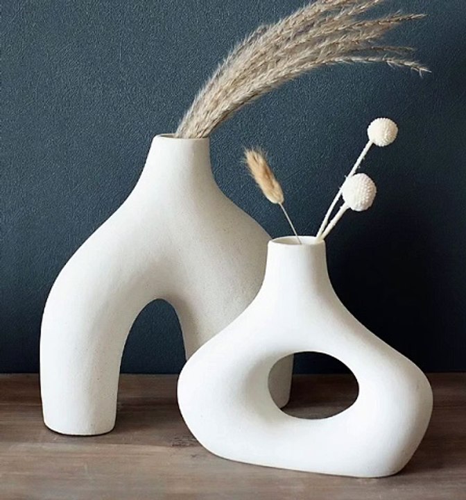 Donut Vase, Set of 2 - Minimalist Nordic, White Ceramic Hollow Donut Vase Decor | Table Centerpiece, Olive Plant, Wedding, Living Room, Bookshelf, Office, Modern Home, Entryway, Console