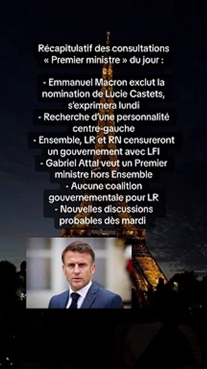 Consultations Premier ministre : Macron écarte Lucie Castets, annonce lundi et tensions politiques