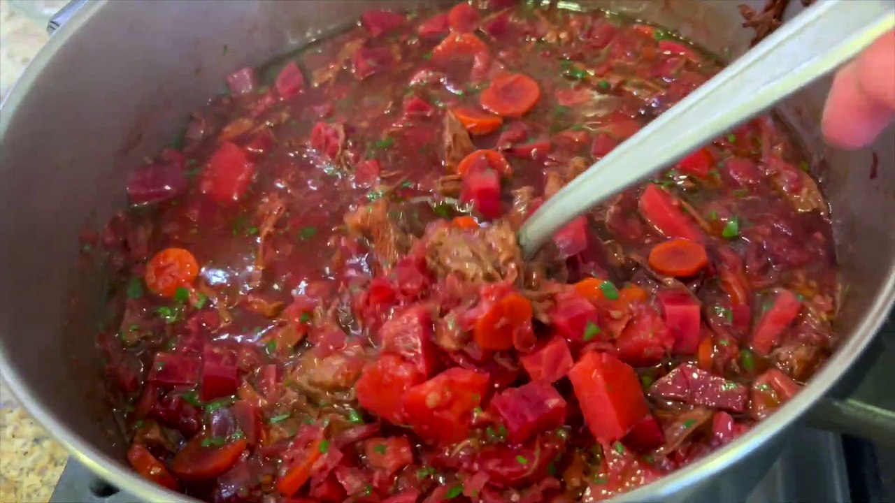 Authentic Borscht Soup - Beef Shreds with Beets and Carrots.