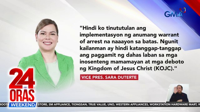 Mag-amang Vice President Sara Duterte at dating Pangulong Rodrigo Duterte, pinuna ang anila'y paggamit ng dahas sa implementasyon ng warrant of arrest kay Pastor Apollo Quiboloy | 24 Oras Weekend