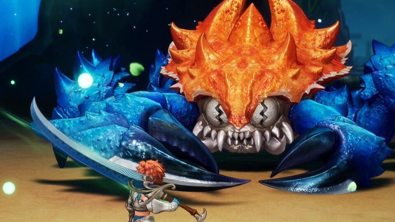 Ein gut gepanzerter Bossgegner bekommt in Visions of Mana eine Lektion erteilt