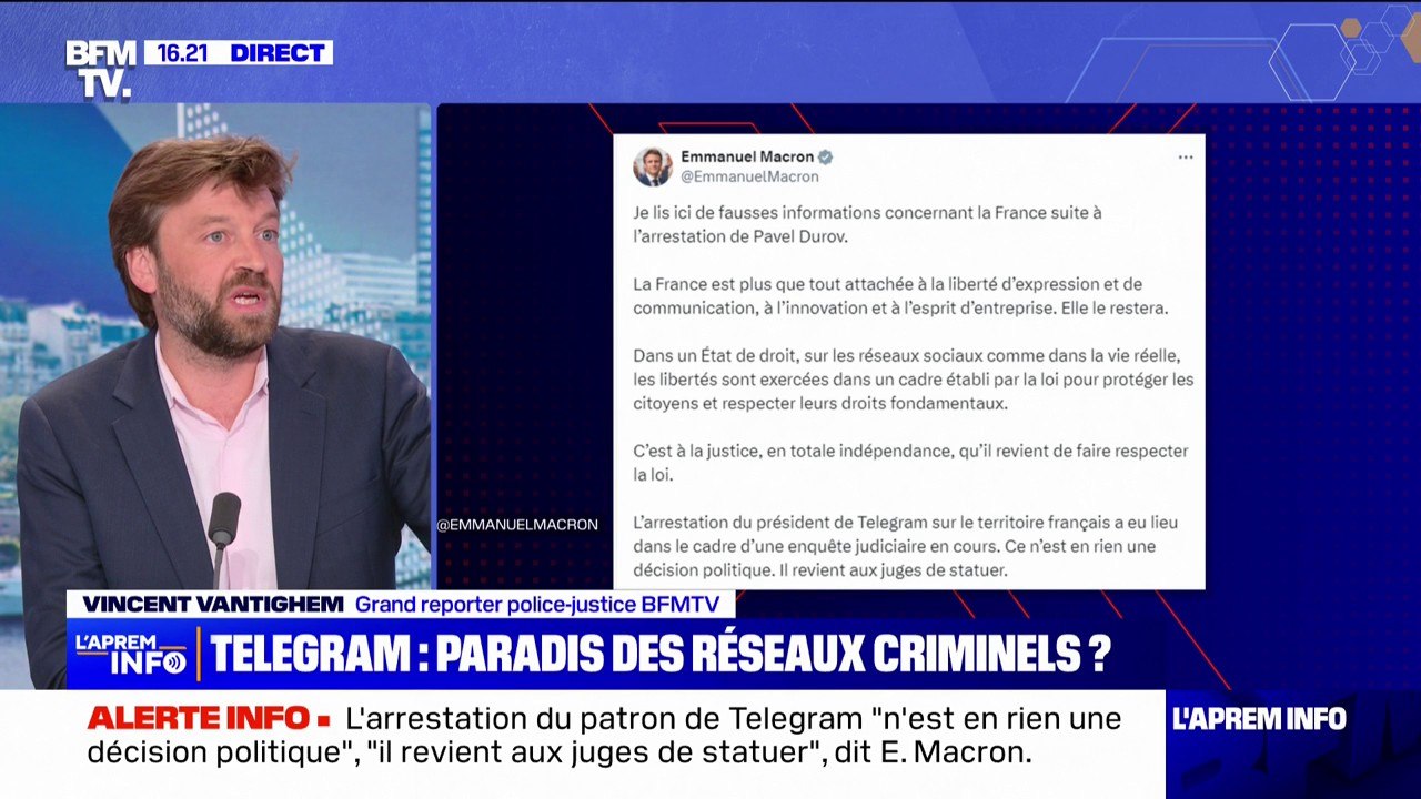 Emmanuel Macron affirme que l'arrestation du PDG de Telegram "n'est en rien une décision politique", "il revient aux juges de statuer"