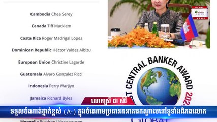 លោកស្រី ជា សិរី ទទួលចំណាត់ថ្នាក់ខ្ពស់ (A-) ក្នុងចំណោមប្រធានធនាគារកណ្តាលនៅទូទាំងពិភពលោក