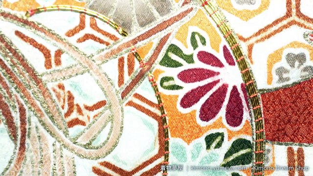 Orange Vintage Houmongi with Kiku, Sakura, Kikkou, Seigaiha, Sayagata - Very Soft, Shiny Rinzu Silk Kimono For Women - Kaede, Matsu, Drums