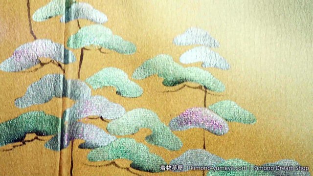 Light Green Scenic Houmongi with Kiyomizudera, Sanjunoto, Pagoda - Vintage High Quality Soft Rinzu Silk - Rising Steam - Hand-Painted Pine Trees