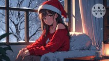 Lofi Chill Music - Santa Claus Anime girl sitting in the cozy room with a beautiful night sky and snow outside the window