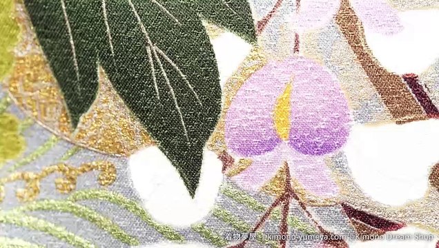 Vintage Gold & Black Furisode Soft High Quality Rinzu Silk Formal Kimono with Peonies, Umezakura, Kikyou, Wisteria, Shobu, Seigaiha, Gold Leaf