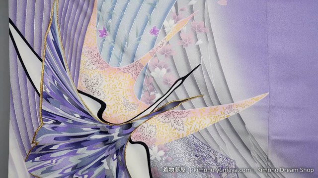 Retro Floral Blue & Light Purple Furisode - Vintage Soft Smooth High Quality Shusu-Ori Silk with Cherry Blossoms, Abstract Cranes - Kimono For Women