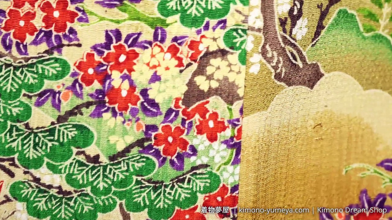 Vintage Green & Brown Textured Raw Chirimen Silk Komon Kimono - Hand Painted Sakura, Goshoguruma, Boats, Maple Leaves, Pine Trees, Mountains, Village