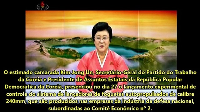 Estimado camarada Kim Jong Un presencia o lançamento de teste do sistema de lançadores de foguetes de calibre 240mm