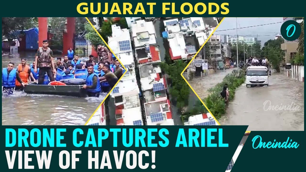 Gujarat Floods: Drone Footage Captures Intensity of Rains in Vadodara, Resc. Underway amid Red Alert