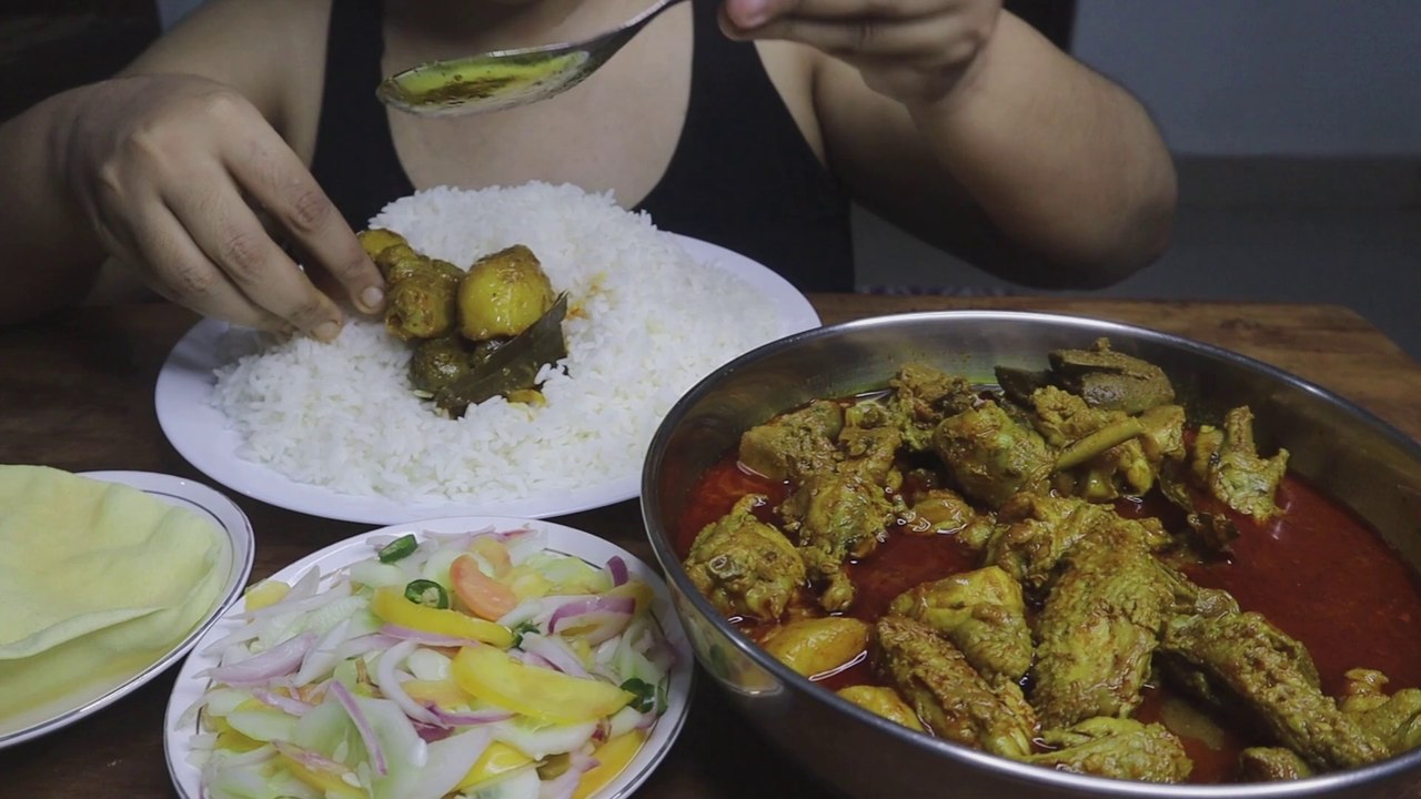 EATING WHITE RICE, CHICKEN CURRY, SALAD, PAPPAD FRY