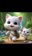 White Persian Cat and His Little Son on an Exciting Hunting Adventure in the Forest