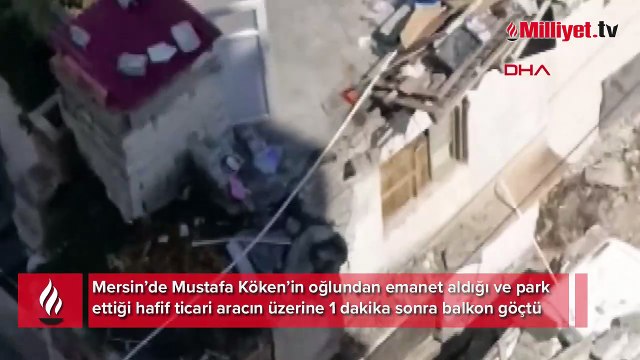 Park ettiği hafif ticari aracın üzerine 1 dakika sonra balkon göçtü; o anlar kamerada