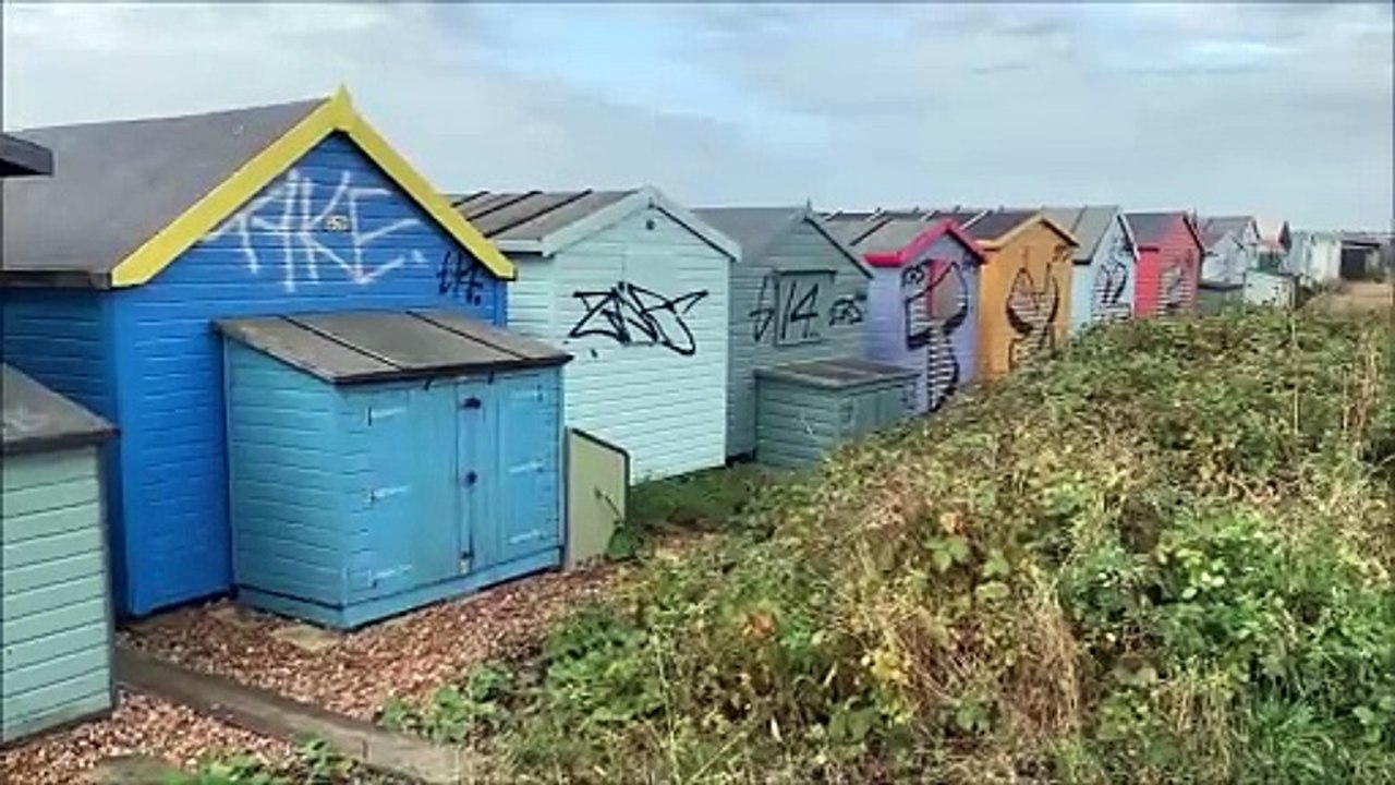 Graffiti on Bulverhythe Beach Huts, St Leonards, East Sussex on August 31. 2024