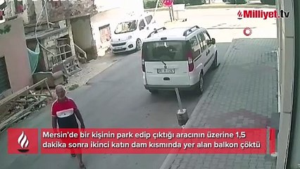 Balkon aracın üzerine göçtü! 1,5 dakikayla ölümden döndü