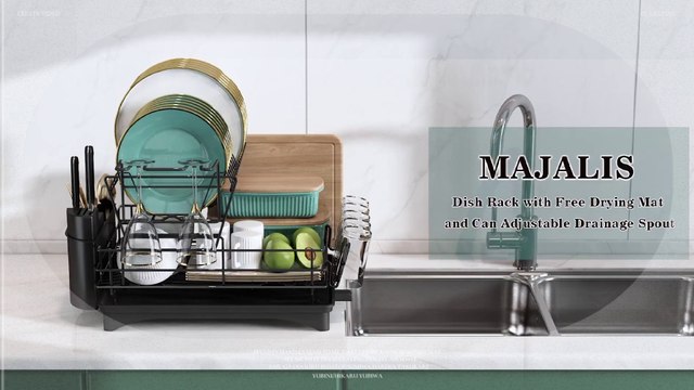 MAJALiS Dish Drying Rack for Kitchen Counter, Stainless Steel Large Dish Drainers Strainer with Drainboard Set for Sink, 2 Tier with Utensil Holder, Cups Holder,Extra Drying Mat, Black