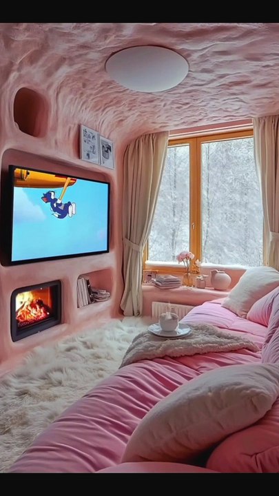Snuggle up on plush pink sofas, surrounded by snowfall views on the LCD screen.