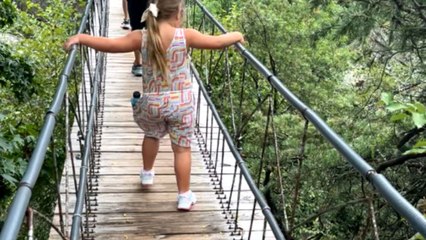 Kids have different reactions to swinging bridge adventure on family outing