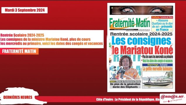 Titrologue du 3 Septembre 2024 Plus de cours les Mercredis au Primaires pour la rentrée académique 2024-2025