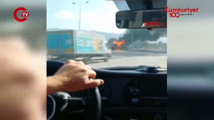 DÜZCE TIR’a çarpan LPG deposu yüklü TIR yandı