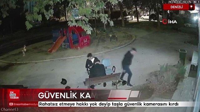 Denizli'de rahatsız etmeye hakkı yok deyip taşla güvenlik kamerasını kırdı
