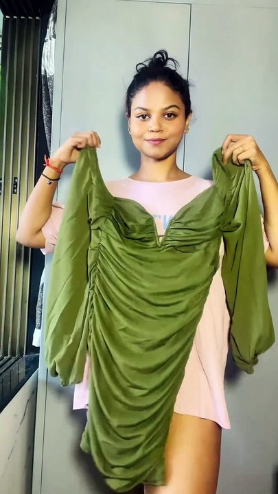 I love dresses that take care of my girls   #grwm #rucheddress #olive #bodycon #plungingneckline #minidress #curvyfashionblogger #affordablefashion #fashion #explore #trending #fyp