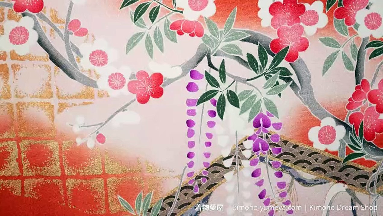 Orange Pink & Black Furisode - Vintage High Quality Shusu Silk with Hand Painted Kyo-Yuzen Kiku, Umezakura, Kikyou, Gold Leaf, Cranes - Women's Kimono