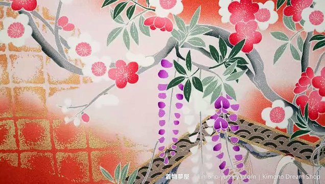 Orange Pink & Black Furisode - Vintage High Quality Shusu Silk with Hand Painted Kyo-Yuzen Kiku, Umezakura, Kikyou, Gold Leaf, Cranes - Women's Kimono