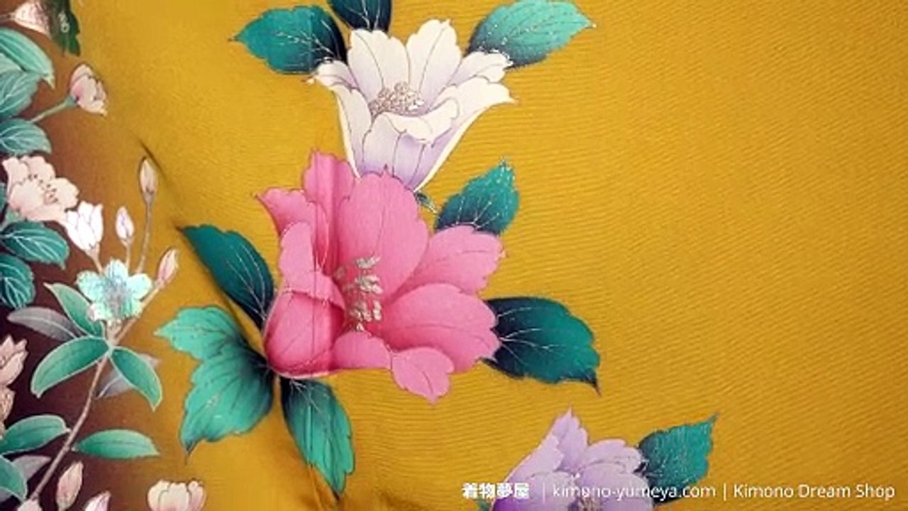 Vintage Yellow & Brown Springtime Furisode Soft HQ Chirimen Silk with Hand Painted Kyo-Yuzen Pink, White, Purple Chrysanthemums, Umezakura, Sakura