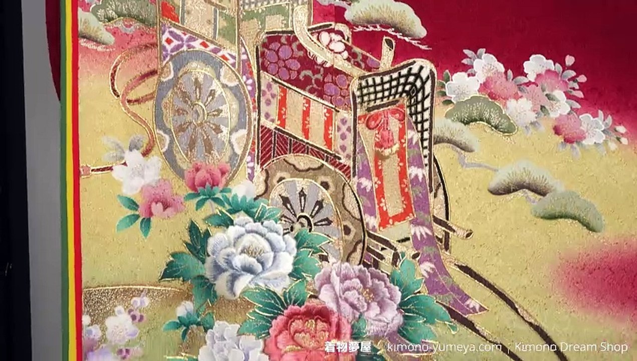 Red with Purple Tint Black & Yellow Furisode For Women - HQ Textured Silk - Botan, Umezakura, Cherry Blossoms, Goshoguruma, Hiougi, Matsu, Yaegasane