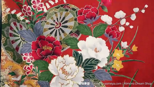 Vintage Orange Green Gold Floral Furisode - Rinzu Silk - Chrysanthemums, Peonies, Umezakura, Irises, Hyacinth, Butterflies, Genji Wheels, Carnations