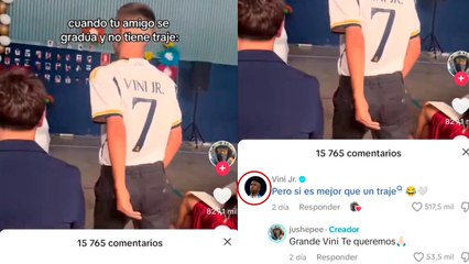 Vinicius Jr. reacciona a la vestimenta de un joven que se gradúa con su camiseta del Real Madrid
