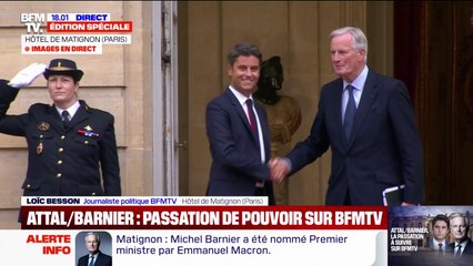 Michel Barnier reçu par Gabriel Attal sur le perron de l'hôtel de Matignon