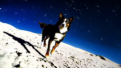 A border collie running on the moon