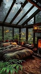 Snuggle up in this cozy glass bedroom, surrounded by the soothing sounds of a thunderstorm.