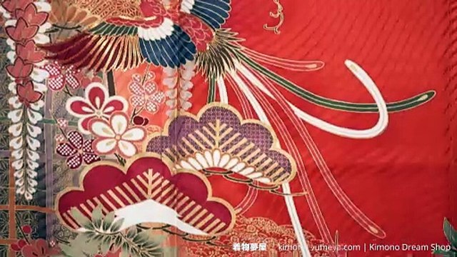 Orange & Gold Furisode Vintage High Quality Rinzu Silk with Hand Painted Plum Blossoms, Wisteria, Pine Trees, Phoenixes, Clouds - Kimono For Women