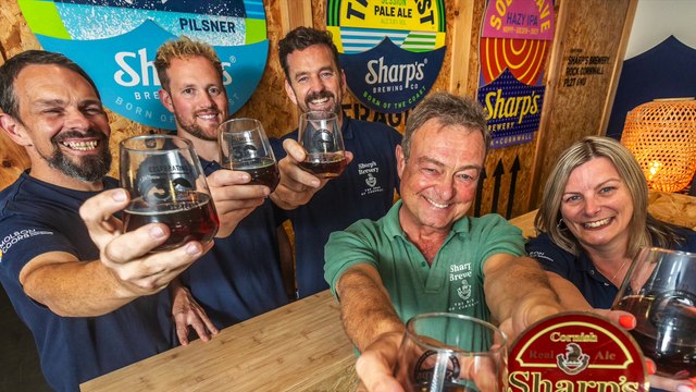 Sharp's Brewery founder Bill Sharp visits the Rock brewery to celebrate its 30th anniversary with staff