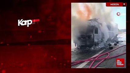 Mersin'de karpuz yüklü tır alev alev yandı