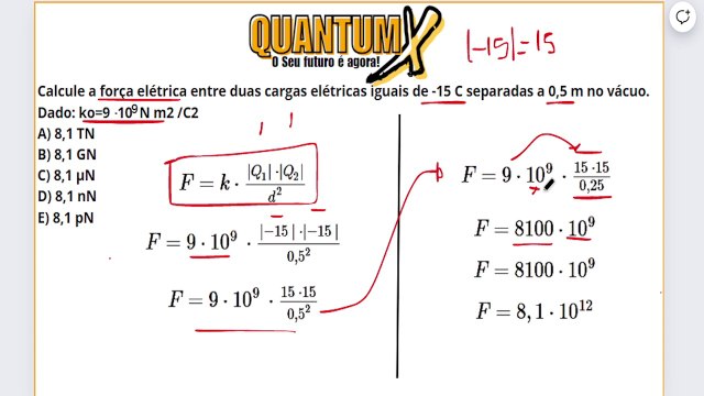 Calcule a força elétrica entre duas cargas elétricas iguais de -15 C separadas a 0,5 m no vácuo.Questões de Física Resolvidas