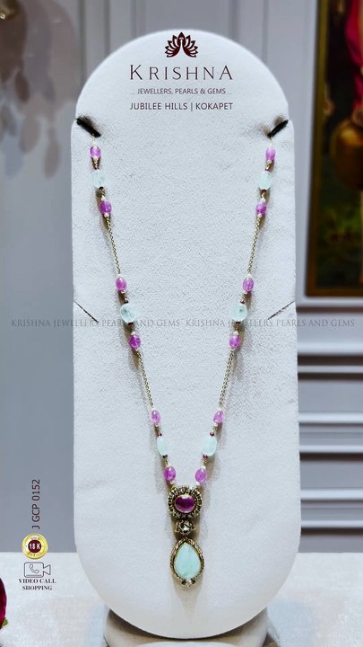 18K Gold Necklace with Diamonds, Pearls & Gemstone Beads