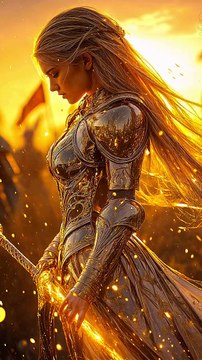 In the golden glow of a setting sun, she stands as a beacon of strength and grace, embodying the spirit of Solhaven. Her gol...our, as radiant as her resolve, reflects the light of hope for the new year. Let her remind us to face every challenge wit