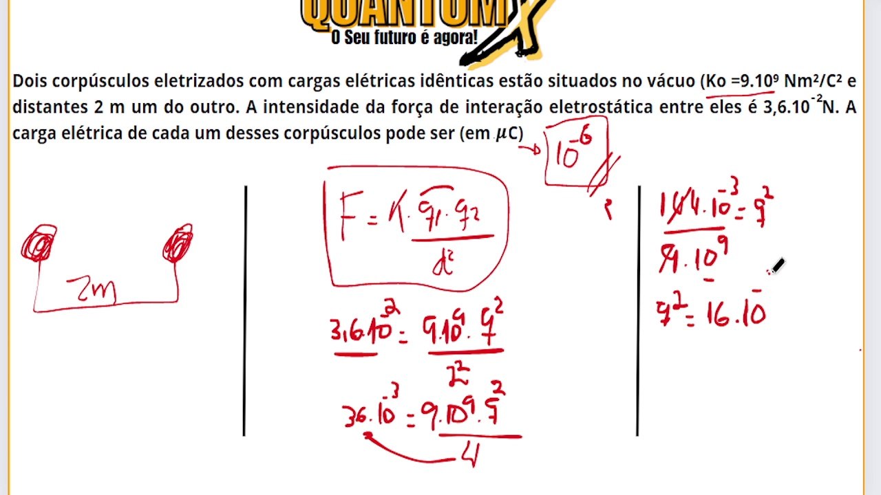 Dois corpúsculos eletrizados com cargas elétricas idênticas estão situados no vácuo (ko=9⋅109 Nm2/C2 ) e distantes 1 m um do outro.  - Questões de Física - Quantum X