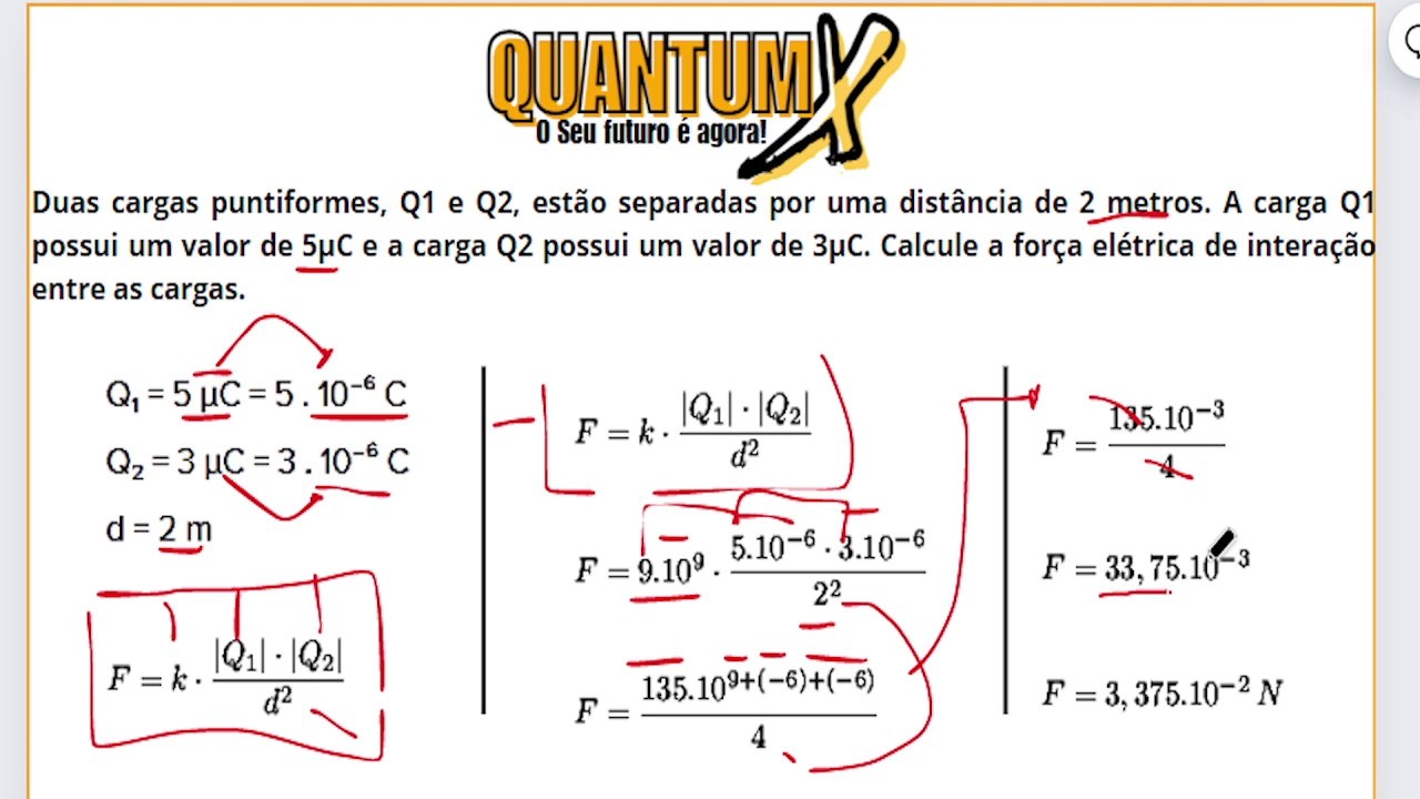 Duas cargas puntiformes, Q1 e Q2, estão separados por uma distância de 2 metros. A carga Q1 possui um valor 5uc e a carga   -Questões de Física - Quantum X