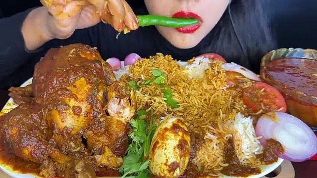 ASMR EATING SPICY WHOLE CHICKEN CURRY,EGG CURRY,BASMATHI RICE,GREEN CHILLI _FOOD VIDEOS_